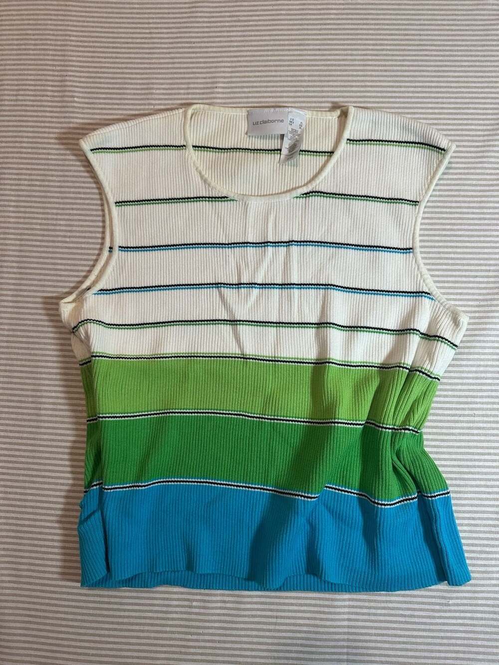 Liz Claiborne Vintage Ribbed Knit Striped Tank Top XL Green Blue White
